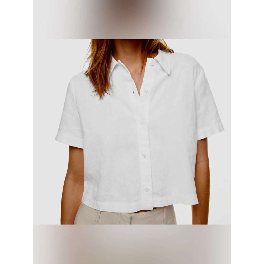 Wilfred Free Aritzia White Linen Blend Cropped Button Up Shirt 107634 Size S